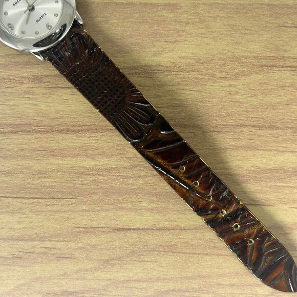 Anchor Blue Wristwatch Floral Brown Leather Buckle Band Silver Tone Face - Picture 2 of 5